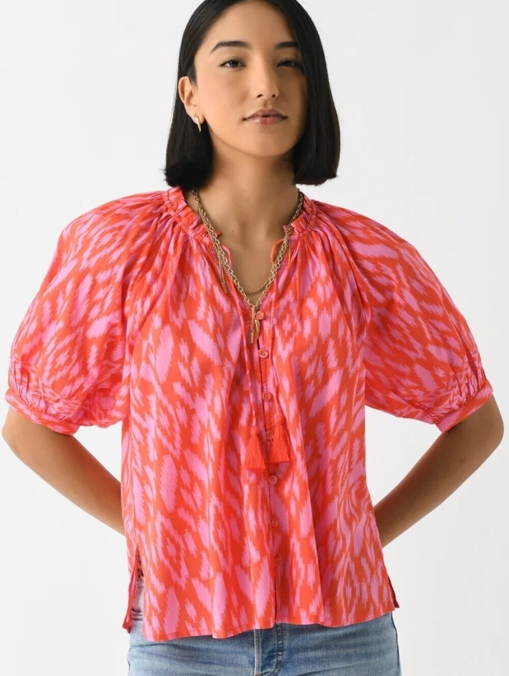 Cleobella Pink & Coral Puff-Sleeve Button Front Top